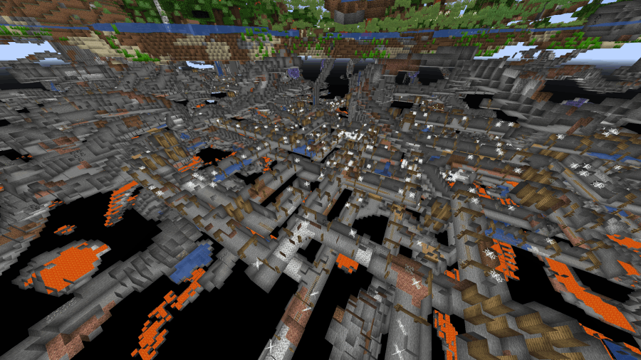 A large Minecraft mineshaft with wooden platforms and cobwebs
